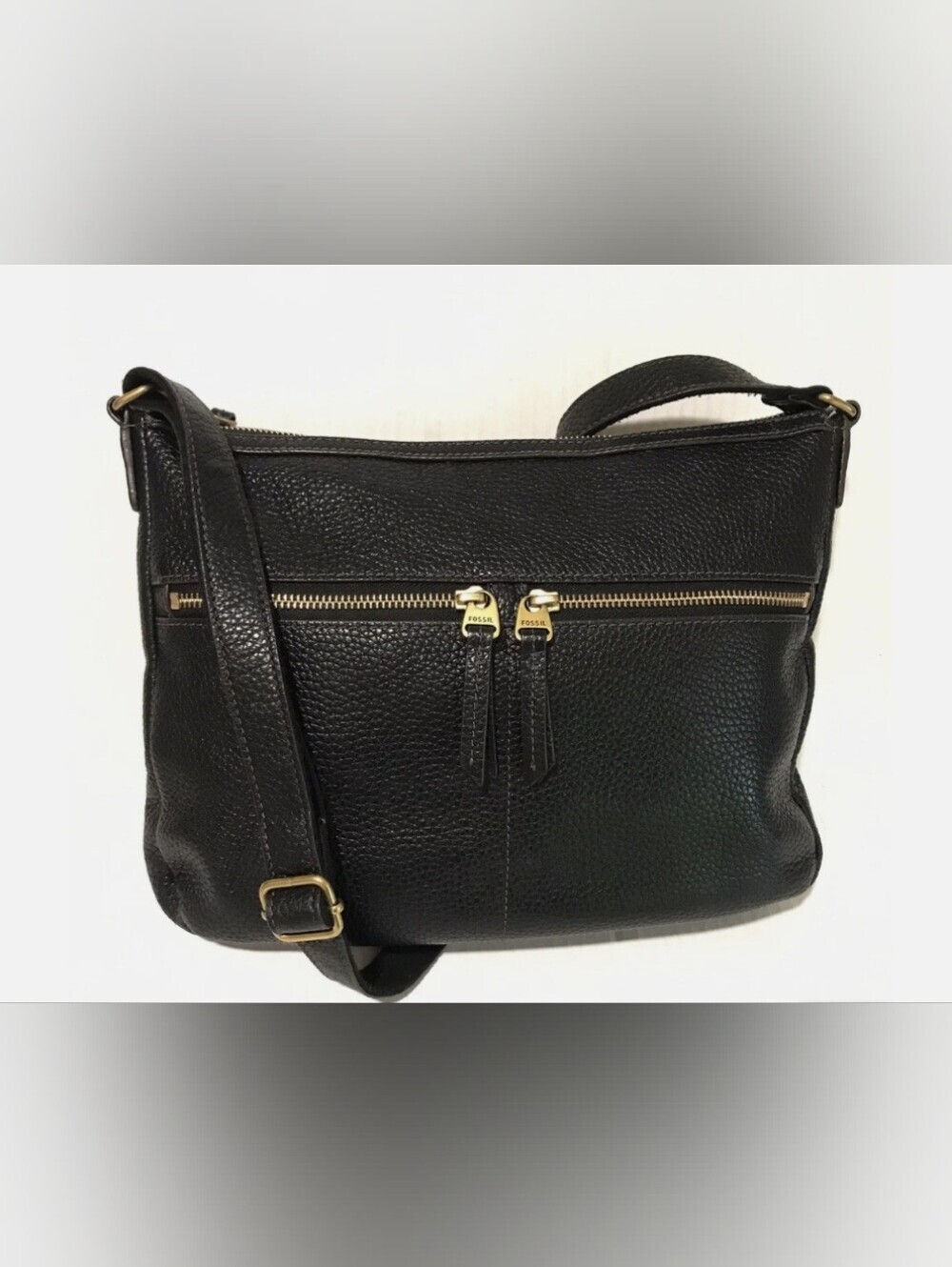 Fossil Elise Double Zip Black Pebbled Leather Crossbody Bag W/ Goldtone Hardware